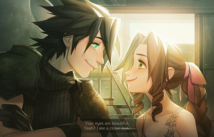 1boy 1girl aerith_gainsborough armor bare_shoulders black_gloves black_hair blue_eyes braid braided_ponytail brown_hair closed_mouth crisis_core_final_fantasy_vii crossed_arms dress english_text eye_contact final_fantasy final_fantasy_vii ginmu gloves green_eyes hair_ribbon long_hair looking_at_another outdoors pink_ribbon ribbon shoulder_armor sleeveless sleeveless_dress smile spiky_hair sweater text_focus turtleneck turtleneck_sweater upper_body zack_fair