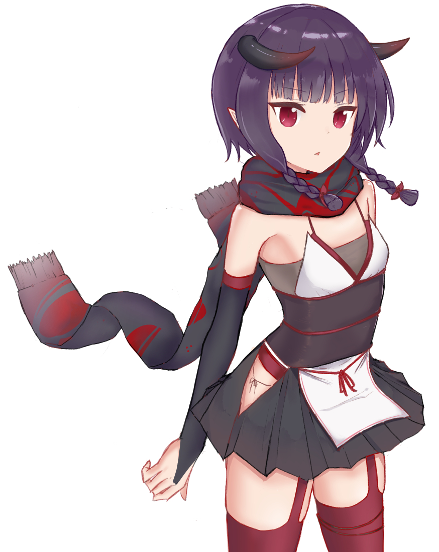 1girl azur_lane bangs bare_shoulders black_scarf black_skirt blush braid breasts commentary_request coraman cowboy_shot curled_horns detached_sleeves eyebrows_visible_through_hair fringe garter_straps hair_ribbon horns kuroshio_(azur_lane) long_hair long_sleeves looking_at_viewer obi parted_lips pleated_skirt pointy_ears print_scarf purple_hair red_eyes red_legwear red_ribbon ribbon sash scarf simple_background skirt sleeves_past_wrists small_breasts solo standing thigh-highs twin_braids white_background