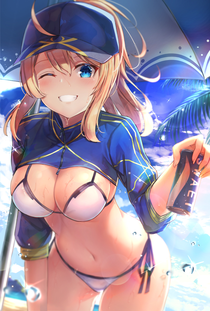 1girl ahoge ass bangs baseball_cap beach beach_umbrella bikini blonde_hair blue_eyes blue_hat blurry blurry_background blush breasts can cleavage cowboy_shot day depth_of_field eyebrows_visible_through_hair fate_(series) groin hair_between_eyes hair_through_headwear hat holding holding_can large_breasts leaning_forward light_particles long_hair looking_at_viewer motokonut mysterious_heroine_xx_(foreigner) navel ocean one_eye_closed outdoors palm_tree parted_lips ponytail sand side-tie_bikini sidelocks skindentation smile solo sparkle stomach swimsuit tree umbrella water_drop wet white_bikini zipper