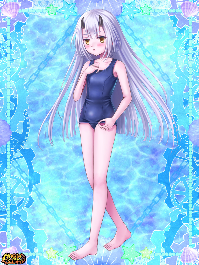 1girl barefoot blue_background blue_swimsuit blush copyright_name eyebrows_visible_through_hair full_body hand_up kerberos_blade long_hair magia_steam official_art solo standing swimsuit very_long_hair watermark white_hair yellow_eyes