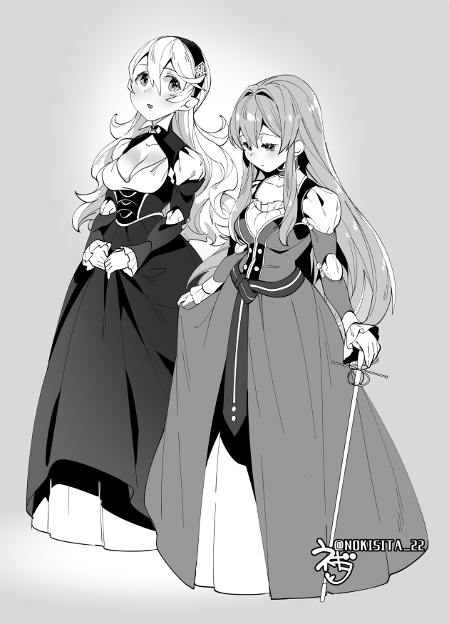 2girls breasts cape commentary_request dress earrings eirika female_my_unit_(fire_emblem_if) fire_emblem fire_emblem:_seima_no_kouseki fire_emblem_heroes fire_emblem_if gloves greyscale jewelry long_hair mamkute monochrome multiple_girls my_unit_(fire_emblem_if) negiwo nintendo pointy_ears smile