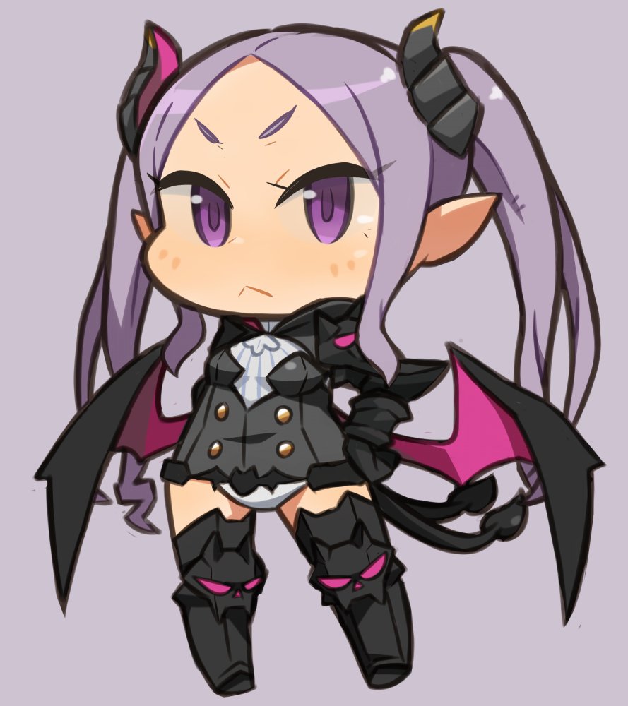 &gt;:&lt; 1girl :&lt; blush boots chibi demon_girl horns ibara. long_hair looking_at_viewer pop-up_story purple_hair thigh-highs thigh_boots twintails violet_eyes volteria_dig_platidity
