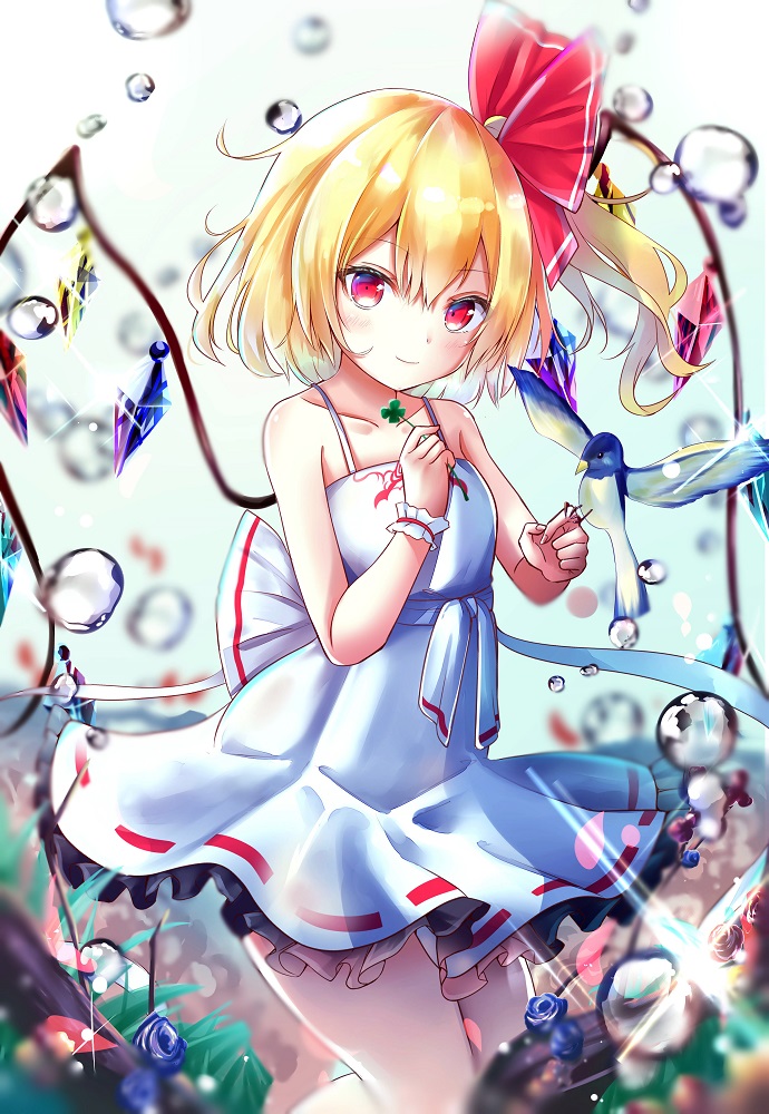 1girl alternate_costume bangs bare_arms bare_shoulders bird blonde_hair blue_flower blue_rose blush breasts clover collarbone commentary_request cowboy_shot crystal dress eyebrows_visible_through_hair flandre_scarlet flower gradient gradient_background green_background hair_between_eyes hair_ribbon holding looking_at_viewer no_hat no_headwear one_side_up petticoat red_eyes red_ribbon renka_(cloudsaikou) ribbon rose sash short_hair small_breasts smile solo spaghetti_strap standing thighs touhou water_drop white_background white_dress white_sash wings wrist_cuffs