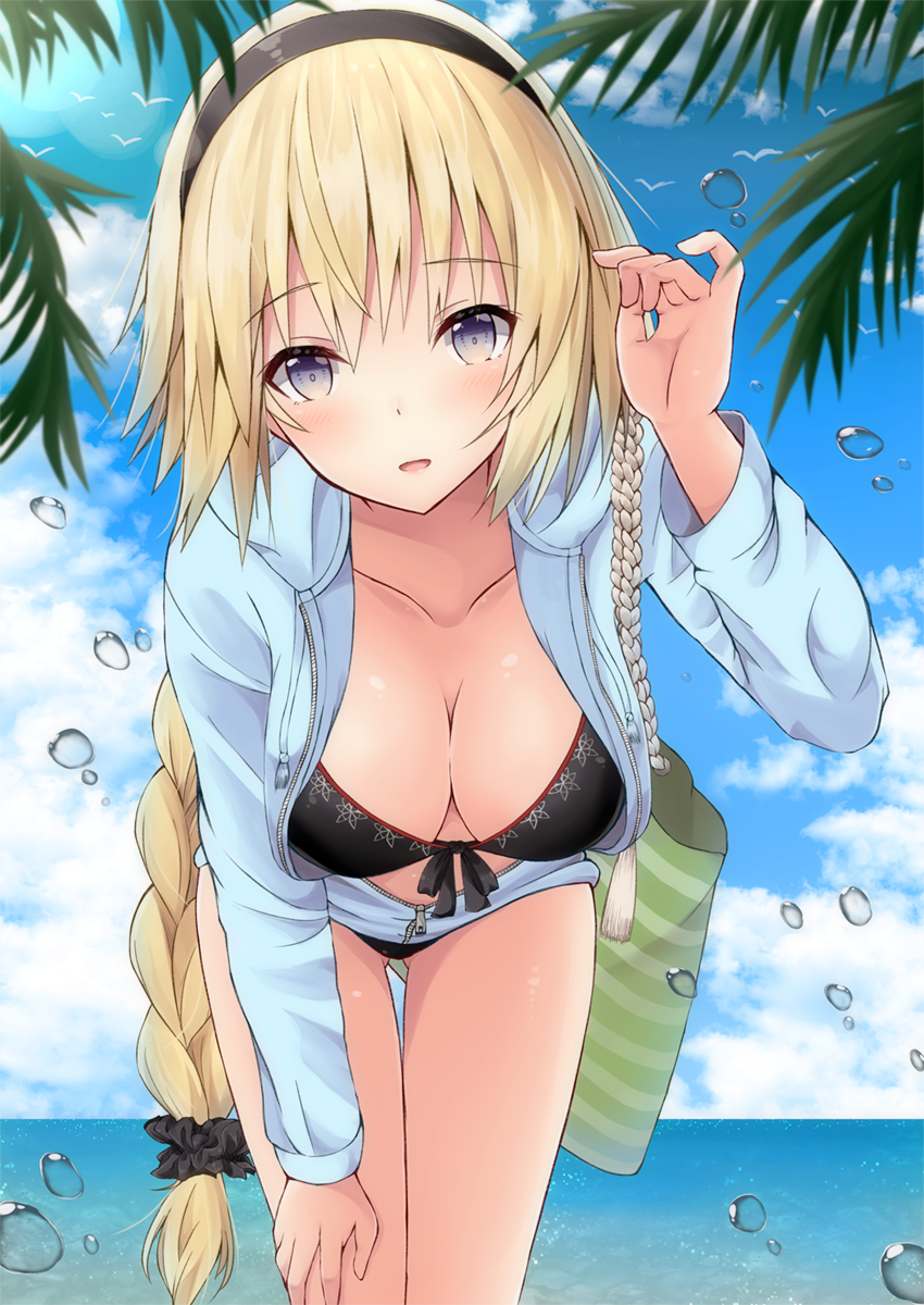 1girl animal bag bangs bikini bird black_bikini black_hairband black_scrunchie blonde_hair blue_eyes blue_jacket blue_sky blush braid breasts cleavage collarbone commentary_request day eyebrows_visible_through_hair fate/grand_order fate_(series) front-tie_bikini front-tie_top hair_ornament hair_scrunchie hairband hand_on_own_leg hand_up highres holding holding_bag hood hood_down hooded_jacket jacket jeanne_d'arc_(fate) jeanne_d'arc_(fate)_(all) leaning_forward legs_together long_hair long_sleeves looking_at_viewer low-tied_long_hair medium_breasts ocean open_clothes open_jacket open_mouth outdoors palm_tree scrunchie single_braid sky solo standing swimsuit thigh_gap tree unzipped very_long_hair water water_drop yuzuzukushi zipper