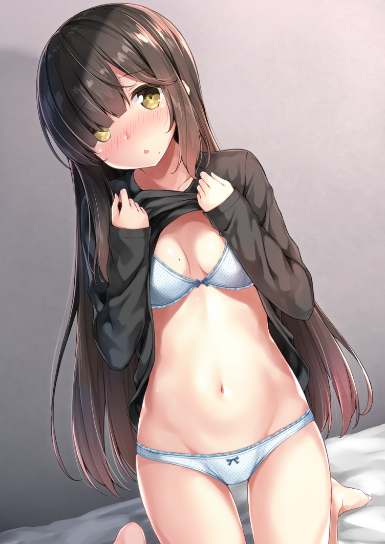 1girl bangs barefoot black_hair black_shirt blue_bra blue_panties blunt_bangs blush bow bow_bra bow_panties bra breasts commentary_request dutch_angle eyebrows_visible_through_hair head_tilt indoors karutamo kneeling lifted_by_self long_hair long_sleeves looking_at_viewer medium_breasts mole mole_on_breast navel no_pants nose_blush on_bed open_mouth original panties polka_dot polka_dot_bra polka_dot_panties shiny shiny_hair shirt shirt_lift sleeves_past_wrists solo stomach underwear very_long_hair yellow_eyes