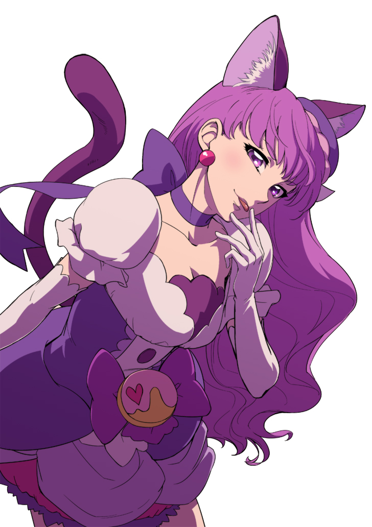 1girl :p animal_ears cat_ears cat_tail choker collarbone cure_macaron earrings elbow_gloves food_themed_hair_ornament gloves hair_ornament jewelry kirakira_precure_a_la_mode kotozume_yukari long_hair looking_at_viewer macaron_hair_ornament magical_girl precure purple_choker purple_hair simple_background solo tail tongue tongue_out uyoshi white_background white_gloves