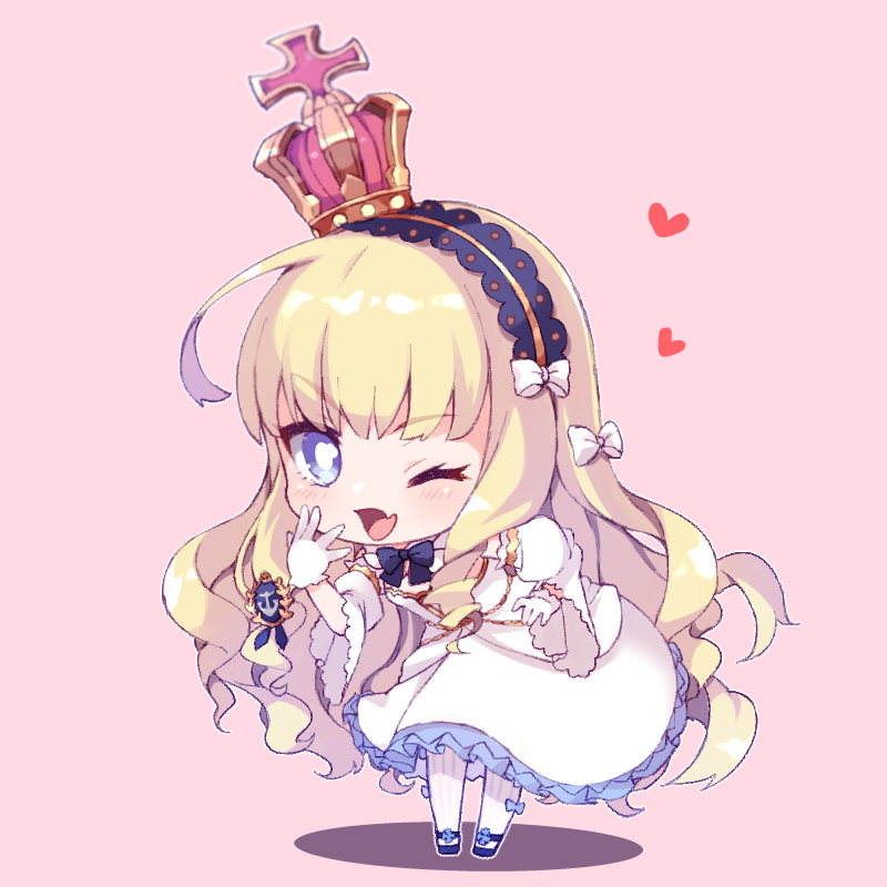 ;d azur_lane bangs black_footwear blonde_hair blue_eyes blush bow chibi commentary_request crown detached_sleeves dress eyebrows_visible_through_hair fang full_body gloves hair_bow hair_ornament hairband heart juliet_sleeves leaning_forward long_hair long_sleeves looking_at_viewer mini_crown one_eye_closed open_mouth pantyhose pikomarie pink_background puffy_sleeves queen_elizabeth_(azur_lane) sleeveless sleeveless_dress smile standing striped striped_legwear tilted_headwear v-shaped_eyebrows vertical-striped_legwear vertical_stripes very_long_hair white_bow white_dress white_gloves white_legwear