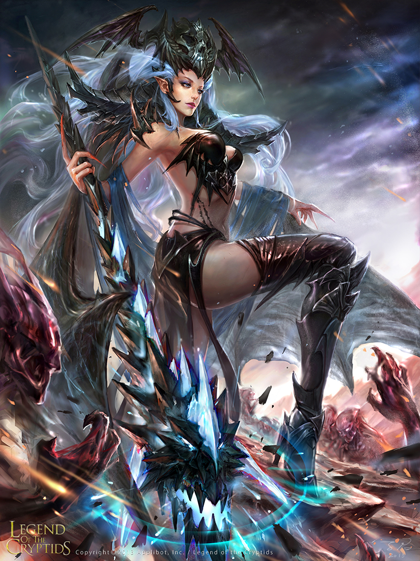 1girl artist_name bat_wings blue_eyes boots breasts cleavage copyright_name dated glowing glowing_eyes hat high_heel_boots high_heels legend_of_the_cryptids long_hair magic midriff navel official_art pointy_ears rock sky solo staff wings zinnadu