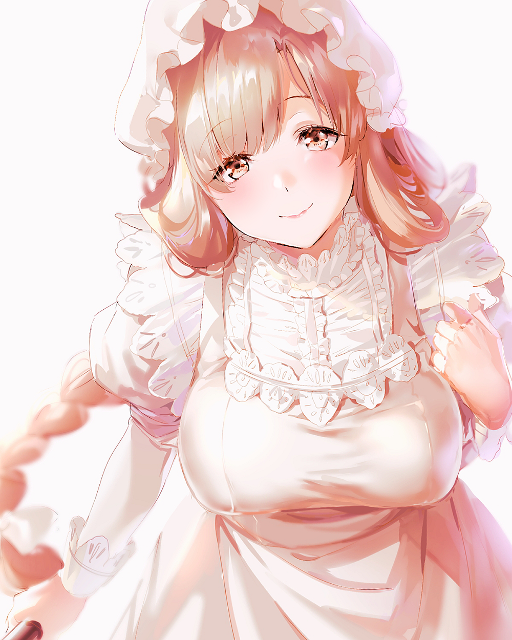 1girl apron bangs blush braid breasts closed_mouth eyebrows_visible_through_hair hair_between_eyes hataraku_saibou highres long_hair looking_at_viewer macrophage_(hataraku_saibou) maid maid_apron maid_headdress mery_(apfl0515) simple_background single_braid smile solo standing white_background