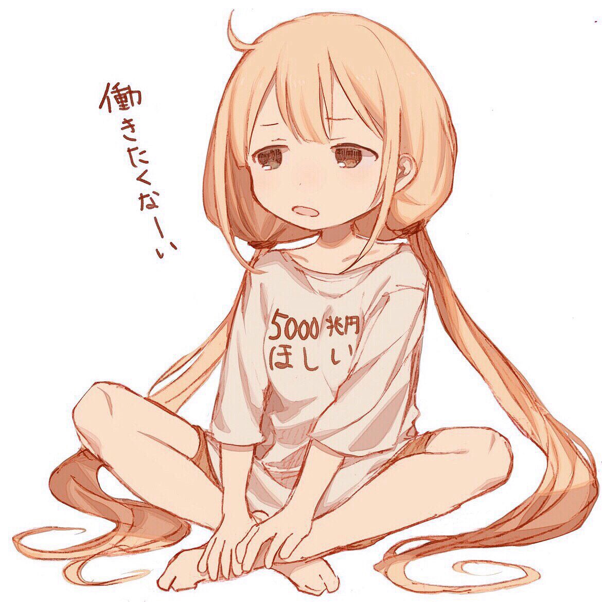 1girl ahoge bangs barefoot blonde_hair brown_eyes clothes_writing full_body futaba_anzu idolmaster idolmaster_cinderella_girls indian_style long_hair looking_at_viewer low_twintails mo_(mokatampe) open_mouth shirt short_sleeves simple_background sitting solo t-shirt translated twintails very_long_hair white_background white_shirt