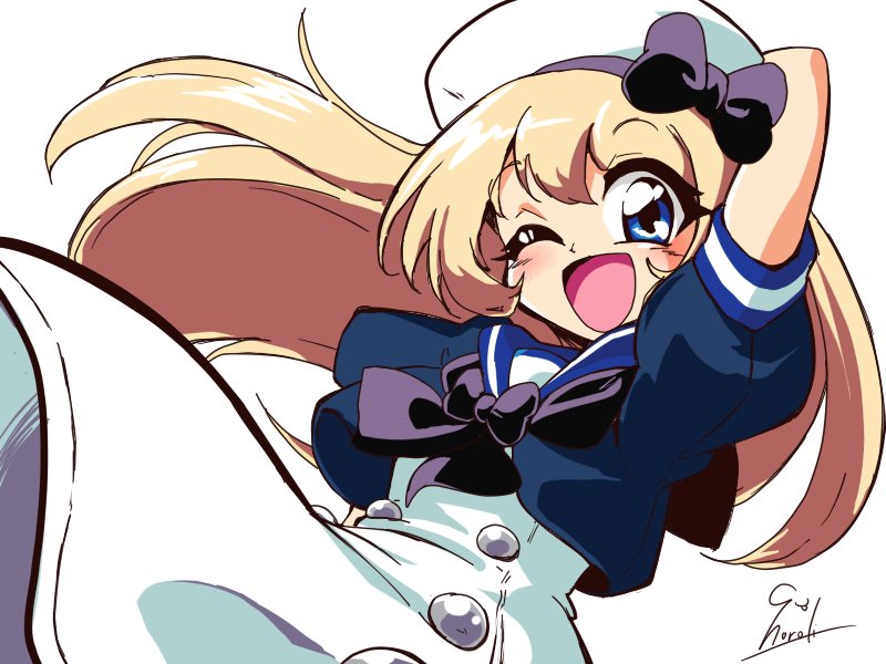 1girl 90s blonde_hair blue_eyes blue_sailor_collar choroli_(chorolin) cropped_jacket dress gloves hat jervis_(kantai_collection) kantai_collection looking_at_viewer one_eye_closed open_mouth parody sailor_collar sailor_dress sailor_hat short_sleeves signature simple_background smile solo style_parody white_background white_gloves white_hat