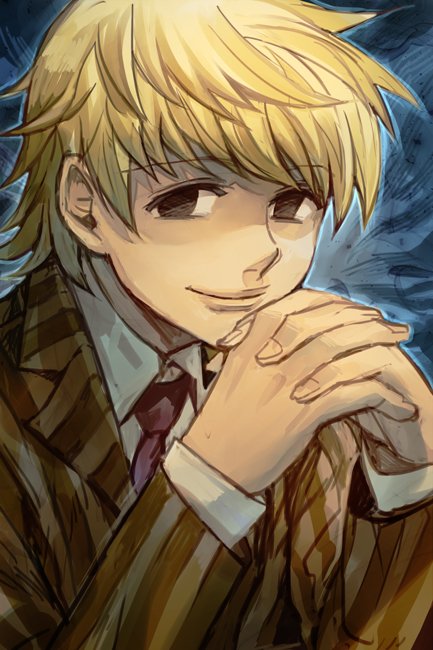 1boy blonde_hair empty_eyes formal gendou_pose hands_clasped hankuri hunter_x_hunter interlocked_fingers looking_at_viewer male_focus necktie own_hands_together pariston_hill smile striped_suit suit