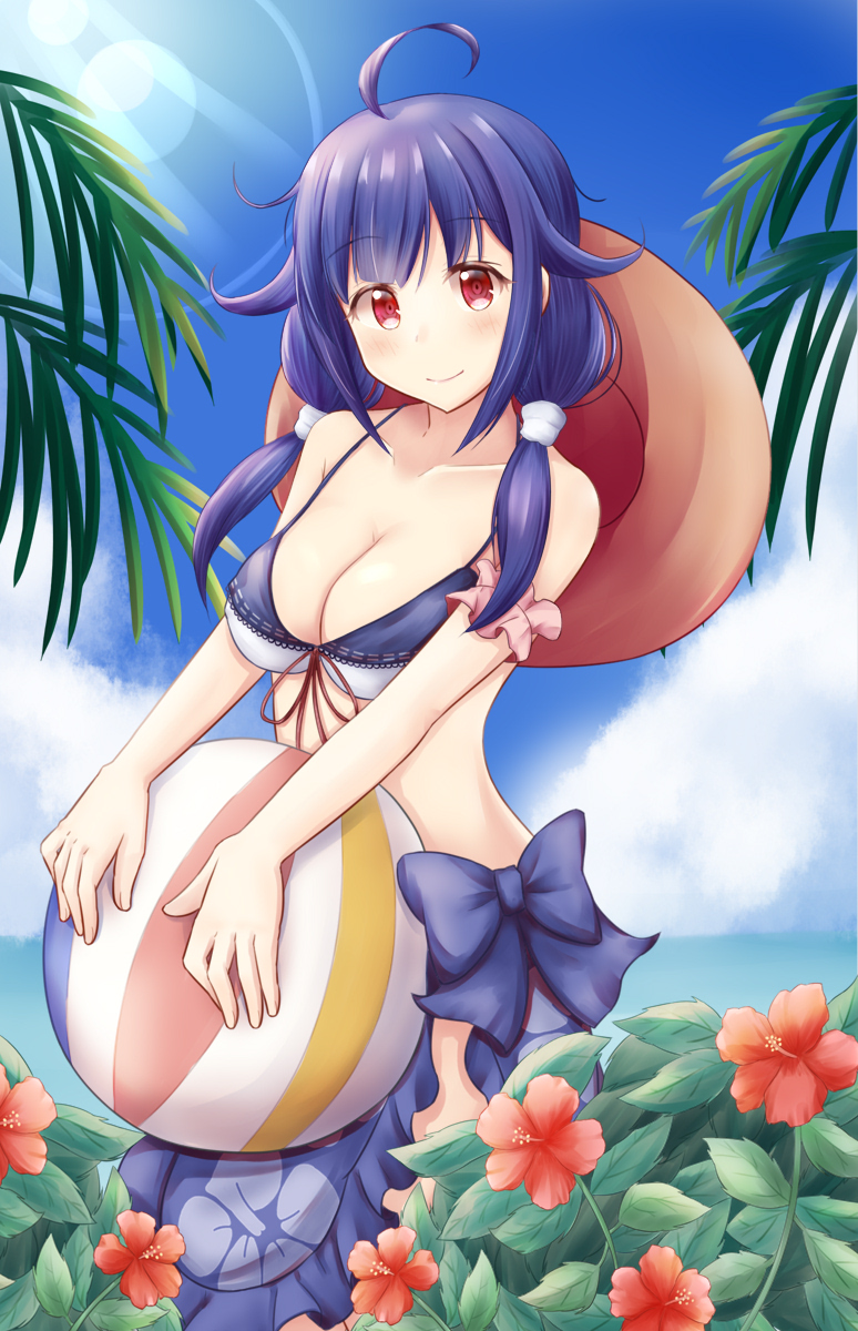 1girl ahoge ball beachball bikini breasts cleavage cowboy_shot eyebrows_visible_through_hair flower hair_flaps hibiscus highres holding_beachball kantai_collection large_breasts looking_at_viewer low_twintails minakami_mimimi palm_tree pink_scrunchie purple_hair red_eyes scrunchie smile solo swimsuit taigei_(kantai_collection) tree twintails