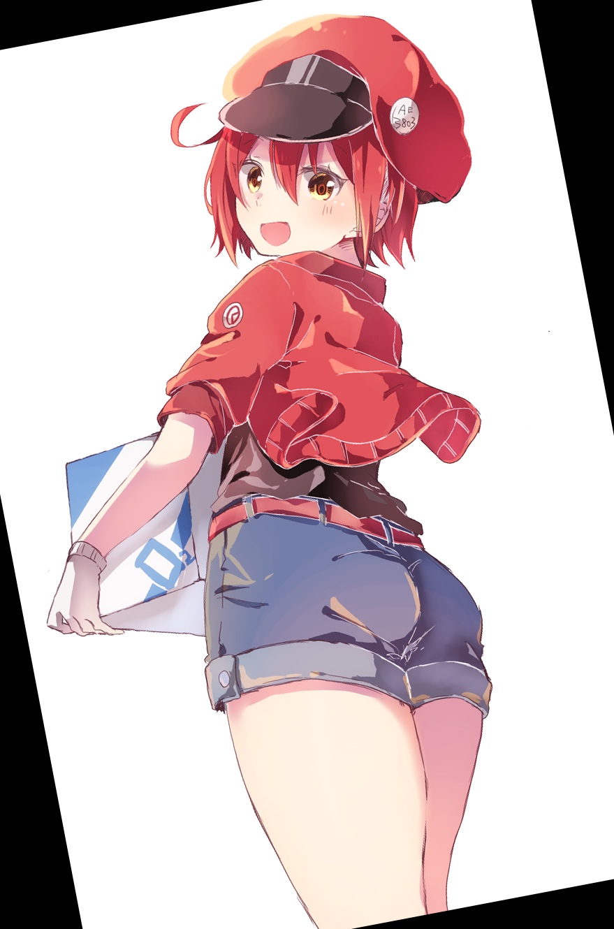 1girl :d ae-3803 ass bangs black_background black_shirt blue_shorts blush box brown_eyes cabbie_hat cardboard_box character_name commentary_request eyebrows_visible_through_hair from_behind gloves hair_between_eyes hat hataraku_saibou highres holding holding_box jacket looking_at_viewer looking_back naoton open_clothes open_jacket open_mouth red_blood_cell_(hataraku_saibou) red_hat red_jacket redhead shirt short_shorts shorts smile solo two-tone_background white_background white_gloves