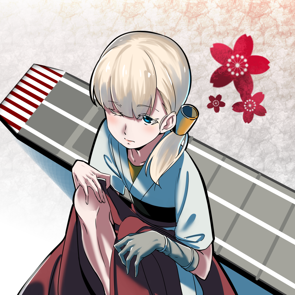 1girl bangs blonde_hair blue_eyes blunt_bangs dougi feet_out_of_frame flight_deck flower gloves hair_ornament hakama hakama_skirt japanese_clothes kantai_collection long_hair profile red_hakama shin'you_(kantai_collection) single_glove solo vi3r6ein