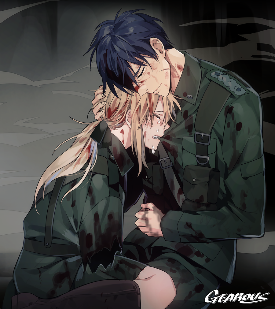 1boy 1girl amputee artist_name bangs biting biting_clothes black_hair blonde_hair blood blood_on_face bloody_clothes bloody_hair brown_footwear closed_eyes closed_mouth crying gearous gilbert_bougainvillea holding_another holding_another's_head injury low_tied_hair military military_uniform pouch sitting strap tears uniform violet_evergarden violet_evergarden_(character)