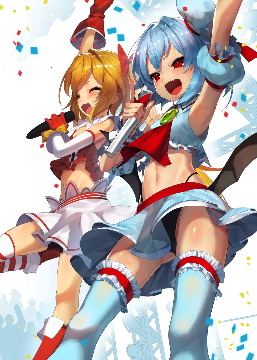 2girls :d ^_^ alternate_costume arm_up armpits ascot ass_visible_through_thighs bangs bare_shoulders bat_wings black_panties blonde_hair blue_hair blue_legwear blue_skirt blush boots bow brooch closed_eyes closed_eyes commentary_request confetti crop_top crowd detached_sleeves eyebrows_visible_through_hair feet_out_of_frame flandre_scarlet gloves hair_bow hair_intakes hat highleg highleg_panties highres holding holding_microphone jewelry leg_garter low_wings microphone midriff mini_hat miniskirt multiple_girls navel no_hat no_headwear open_mouth panties pantyshot pantyshot_(standing) puffy_short_sleeves puffy_sleeves red_bow red_footwear red_gloves red_legwear red_neckwear remilia_scarlet shiny shiny_skin short_hair short_sleeves siblings simple_background single_thighhigh sisters skirt smile standing standing_on_one_leg stomach striped striped_legwear sukocchi thigh-highs thighs touhou underwear white_background white_gloves white_hat white_legwear white_skirt wings