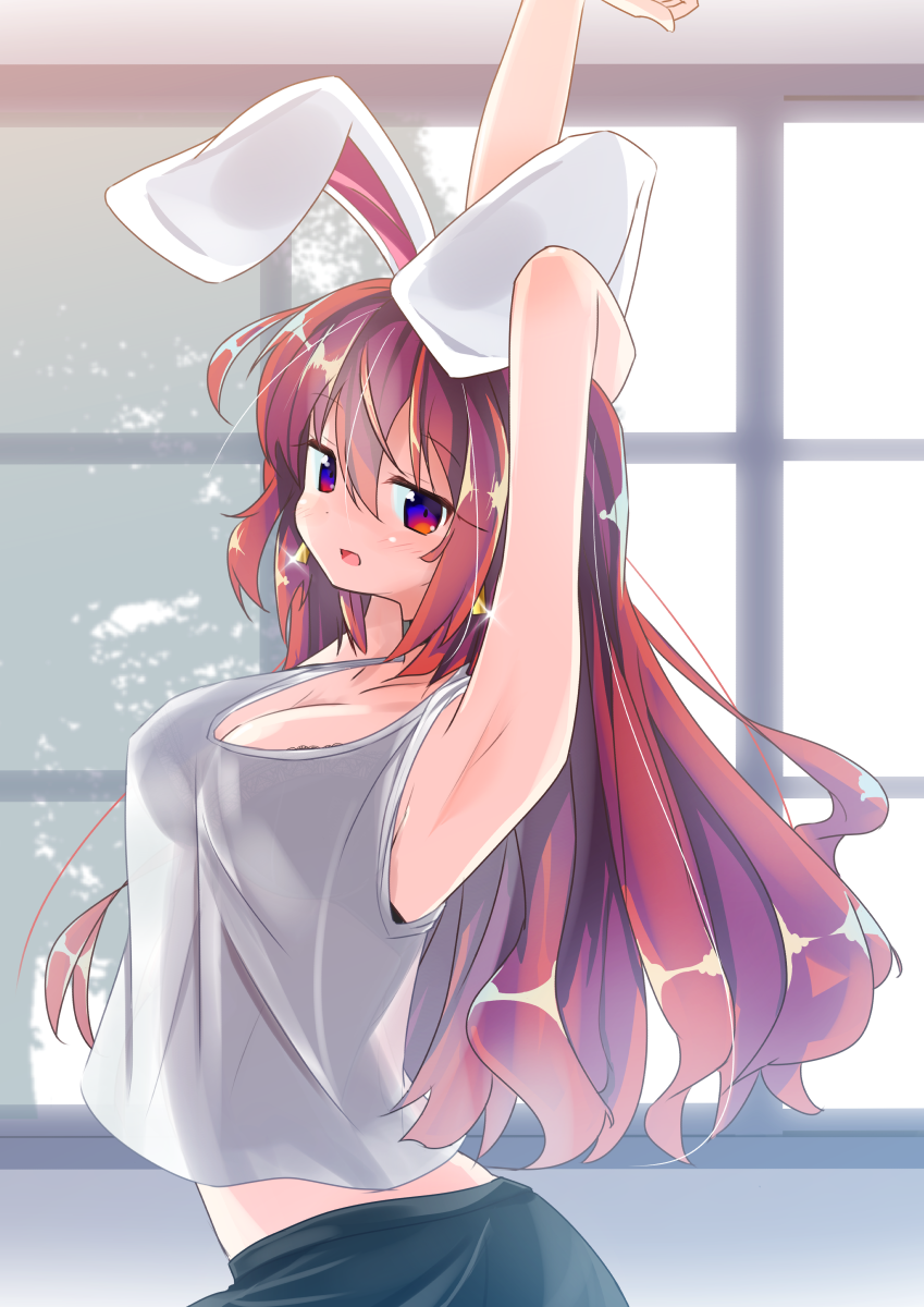 1girl animal_ears armpits arms_up bangs bare_arms bare_shoulders black_skirt blush breasts camisole cleavage commentary_request earrings eyebrows_visible_through_hair glint hair_between_eyes highres jewelry large_breasts looking_at_viewer original parted_lips rabbit_ears red_eyes redhead ryogo skirt smile solo usami_tsuitachi white_camisole window
