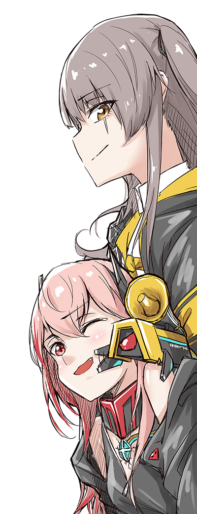 2girls a_bao angry bangs bare_shoulders black_jacket blush brown_eyes commentary_request dinergate_(girls_frontline) eyebrows_visible_through_hair fang from_side girls_frontline grey_hair hair_between_eyes headgear jacket long_hair m4_sopmod_ii_(girls_frontline) megaphone mod3_(girls_frontline) multicolored_hair multiple_girls on_shoulder one_eye_closed one_side_up open_mouth pink_hair red_eyes redhead ro635_(girls_frontline) scar scar_across_eye shirt simple_background smile streaked_hair ump45_(girls_frontline) white_background white_shirt zipper