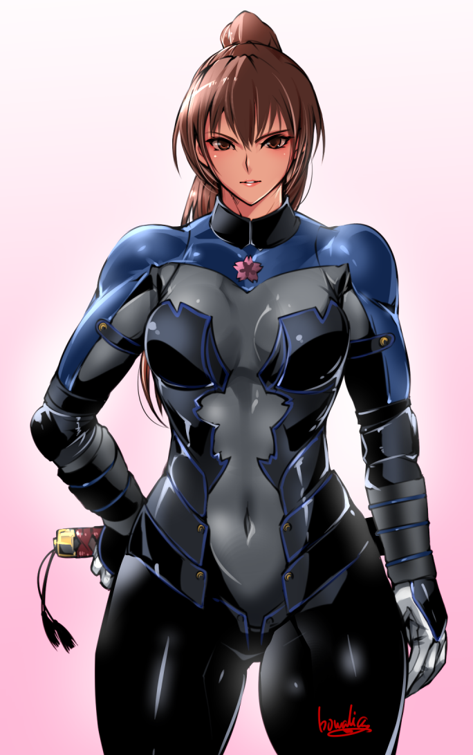 1girl artist_name bodysuit bowalia breasts brown_eyes brown_hair covered_navel dead_or_alive dead_or_alive_6 gloves hair_ribbon high_ponytail kasumi_(doa) muscle muscular_female ninja ponytail ribbon sheath sheathed skin_tight solo white_gloves