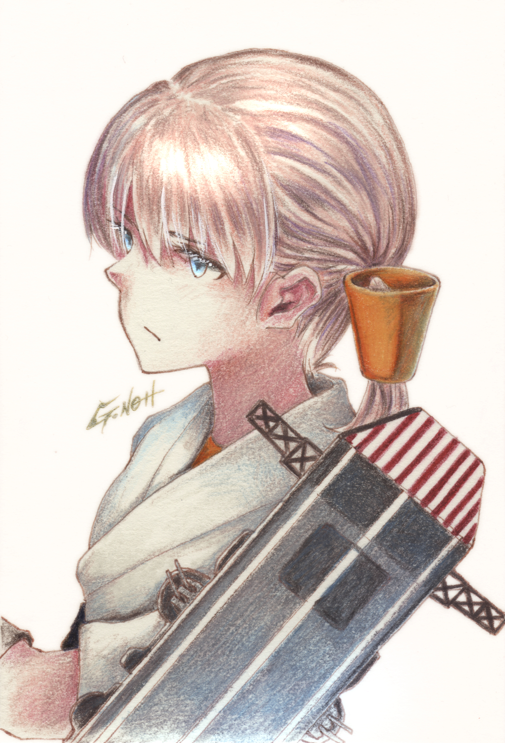 1girl artist_name bangs blonde_hair blue_eyes blunt_bangs commentary_request dougi flight_deck german_commentary hair_ornament highres kantai_collection long_hair millipen_(medium) profile shin'you_(kantai_collection) simple_background solo tesun_(g_noh) traditional_media upper_body watercolor_pencil_(medium) white_background