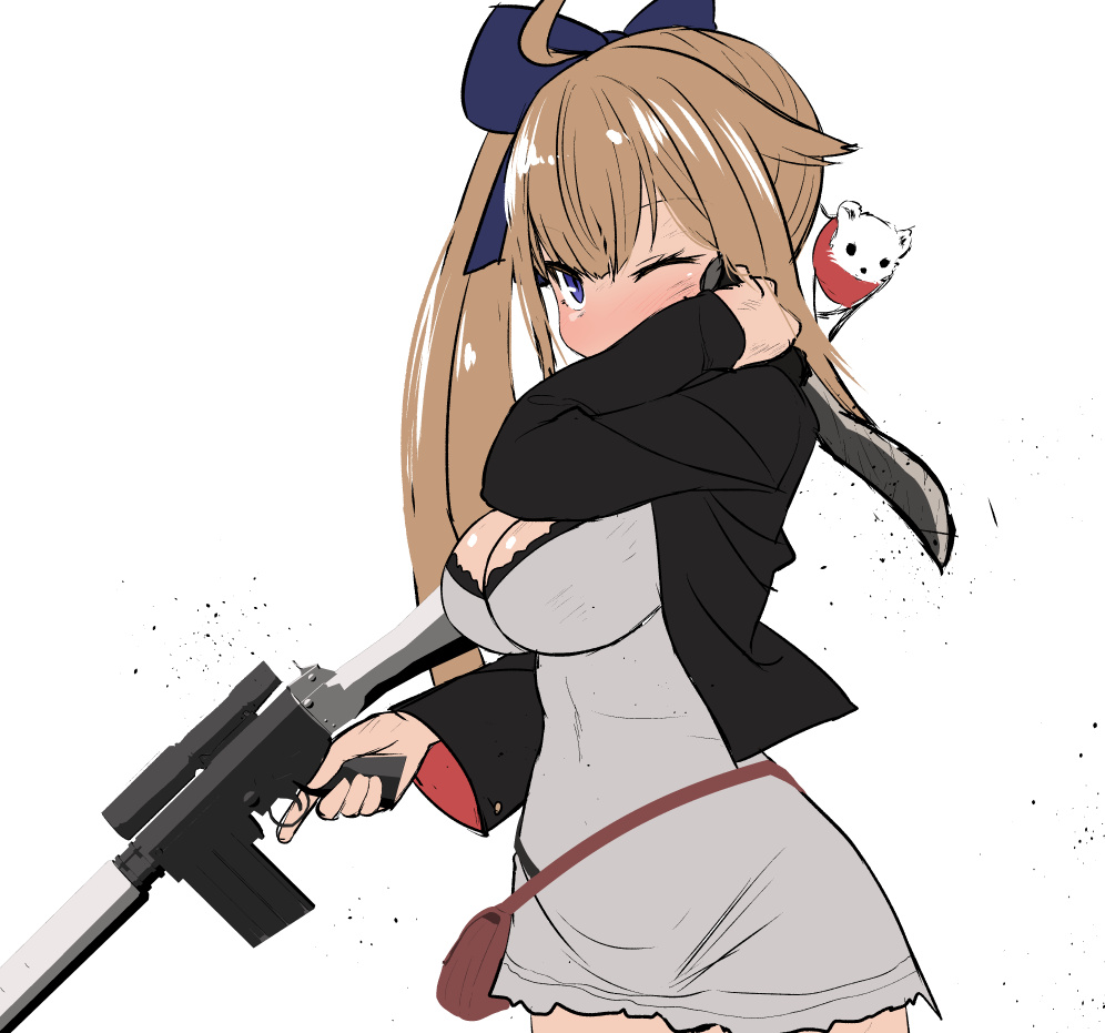 1girl bangs battle_rifle blonde_hair blue_eyes breasts commentary dress fal_(girls_frontline) fn_fal girls_frontline gun large_breasts long_hair one_eye_closed rifle side_ponytail sumiyao_(amam) very_long_hair weapon white_dress