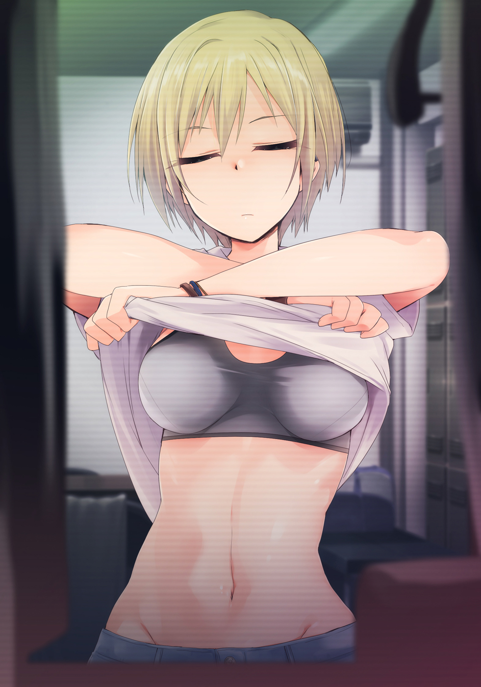 1girl bangs blonde_hair blue_pants blurry_foreground bra breasts closed_eyes closed_mouth denim eyebrows_visible_through_hair facing_viewer grey_bra grey_shirt groin hair_between_eyes hands_up highres idolmaster idolmaster_shiny_colors indoors jeans kaiga locker medium_breasts midriff navel pants pocket recording saijou_juri shiny shiny_hair shiny_skin shirt short_hair short_sleeves sidelocks solo sports_bra stomach swept_bangs underwear undressing violet_eyes wristband