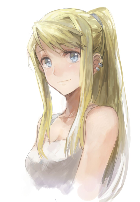 1girl arms_at_sides bangs bare_shoulders blonde_hair blue_eyes close-up earrings eyebrows_visible_through_hair fullmetal_alchemist jewelry long_hair ponytail riru shirt simple_background sleeveless sleeveless_shirt smile solo upper_body white_background white_shirt winry_rockbell