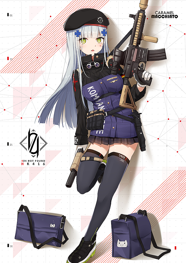 1girl 404 artist_name assault_rifle bag bangs beret black_footwear black_hat black_legwear black_skirt blunt_bangs blush character_name commentary_request facial_mark girls_frontline gloves gun hair_ornament hand_up hat heckler_&amp;_koch hk416 hk416_(girls_frontline) holding holding_gun holding_weapon http_status_code iron_cross jacket long_hair long_sleeves macchiato_(jae-min_cho) miniskirt object_namesake parted_lips pleated_skirt purple_jacket rifle shoes silver_hair skirt solo standing standing_on_one_leg thigh-highs trigger_discipline very_long_hair weapon white_gloves