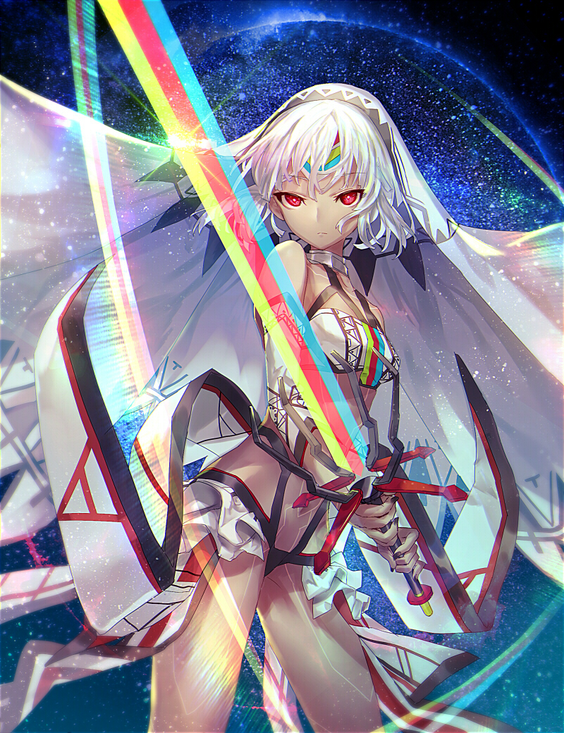 1girl altera_(fate) bangs bare_shoulders black_nails blunt_bangs breasts choker closed_mouth collarbone dark_skin detached_sleeves expressionless eyebrows_visible_through_hair fate/grand_order fate_(series) fingernails full_body_tattoo headdress holding holding_sword holding_weapon jewelry legs nail_polish navel photon_ray red_eyes revealing_clothes shionty short_hair showgirl_skirt skirt small_breasts solo sword tan tattoo thighs veil weapon white_hair white_skirt