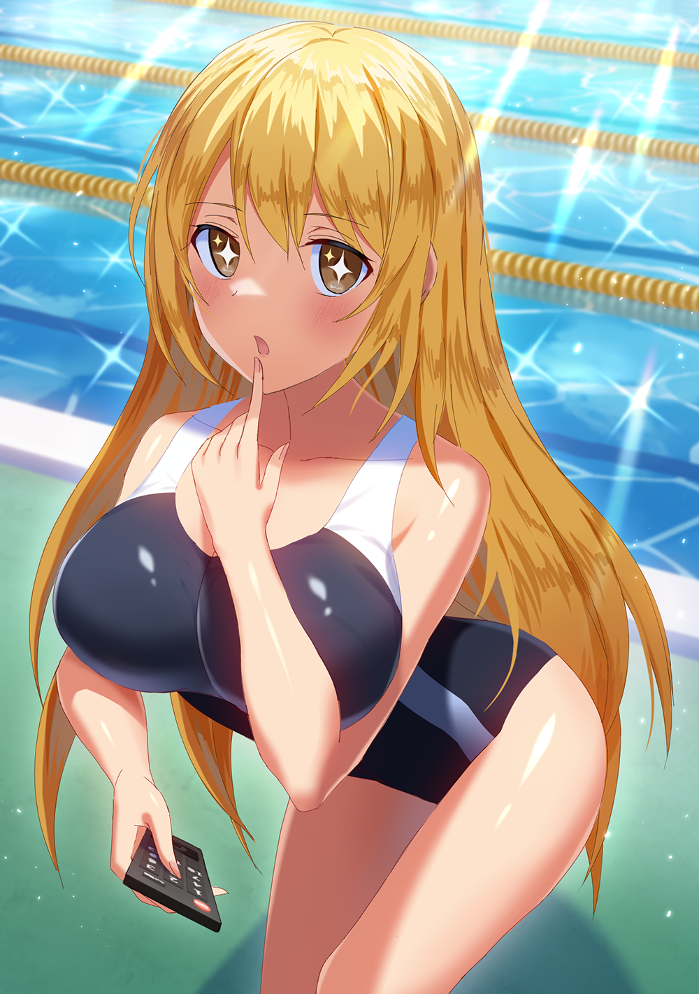 +_+ 1girl bangs bare_arms bare_shoulders black_swimsuit blonde_hair blush breasts brown_eyes collarbone commentary_request competition_school_swimsuit controller eyebrows_visible_through_hair fingernails hair_between_eyes highres holding index_finger_raised large_breasts leaning_forward long_hair looking_at_viewer mikomiko_(mikomikosu) one-piece_swimsuit parted_lips pool poolside remote_control shokuhou_misaki solo swimsuit to_aru_kagaku_no_railgun to_aru_majutsu_no_index very_long_hair water
