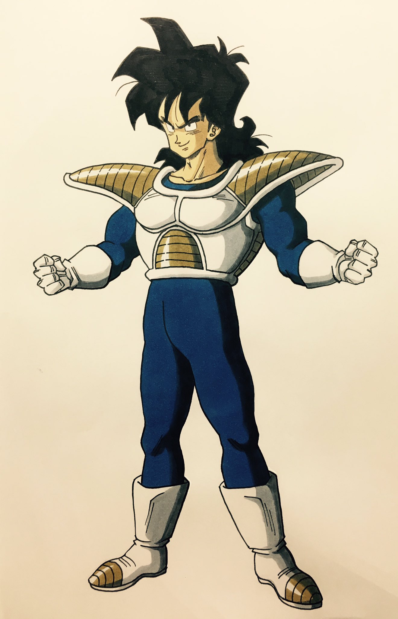 1boy armor black_eyes black_hair boots clenched_hands commentary_request dragon_ball dragonball_z frown full_body gloves highres lee_(dragon_garou) long_hair looking_at_viewer male_focus shaded_face simple_background smile standing white_background white_gloves yamcha