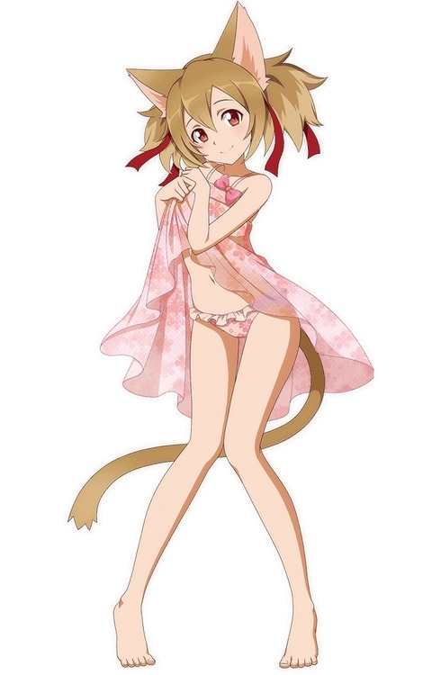 1girl animal_ears barefoot bikini blush bow brown_hair cat_ears cat_tail floral_print full_body hair_between_eyes hair_ribbon head_tilt long_hair looking_at_viewer pink_bikini pink_bow print_bikini red_eyes red_ribbon ribbon see-through_silhouette shiny shiny_hair silica_(sao-alo) simple_background smile solo standing swimsuit sword_art_online tail twintails white_background