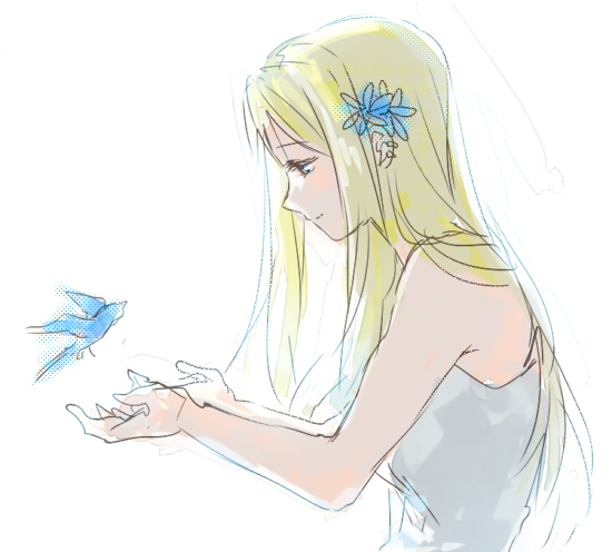 1girl animal bare_arms bare_shoulders bird blonde_hair blue_eyes blue_flower eyebrows_visible_through_hair flower flying fullmetal_alchemist hair_flower hair_ornament half-closed_eyes happy long_hair looking_down outstretched_hand profile riru shirt simple_background smile solo upper_body white_background white_shirt winry_rockbell