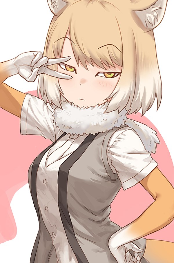 1girl animal_ears cowboy_shot elbow_gloves eyebrows_visible_through_hair fox_ears fox_tail fur_collar gloves guchico hand_in_front_of_face hand_on_hip kemono_friends light_brown_hair multicolored_hair necktie short_hair short_sleeves solo tail tibetan_sand_fox_(kemono_friends) v vest white_hair yellow_eyes