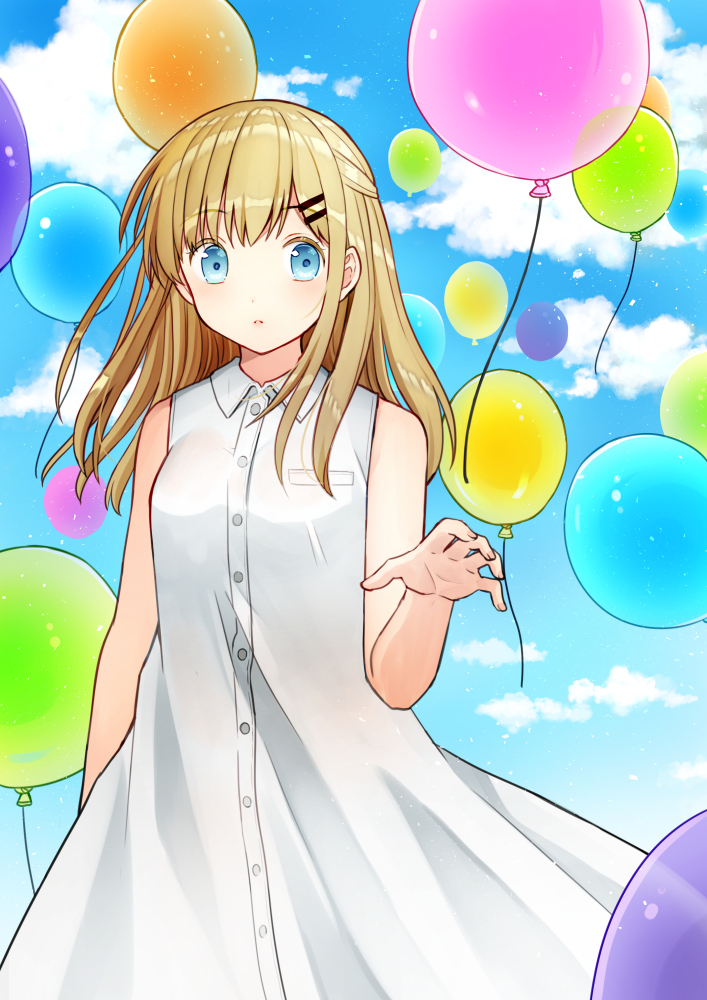 1girl balloon bangs bare_arms bare_shoulders blue_eyes blue_sky blush breasts clouds collared_dress commentary_request day dress eyebrows_visible_through_hair hair_ornament hairclip kurata_rine light_brown_hair long_hair looking_at_viewer original outdoors parted_lips sky sleeveless sleeveless_dress small_breasts solo standing white_dress