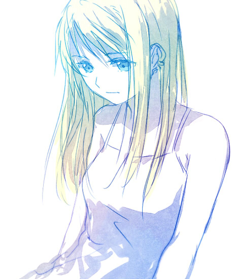 1girl arms_at_sides bare_arms bare_shoulders blonde_hair blue blue_eyes earrings expressionless eyebrows_visible_through_hair fullmetal_alchemist jewelry long_hair looking_down monochrome riru shirt simple_background sleeveless sleeveless_shirt solo upper_body white white_background white_shirt winry_rockbell