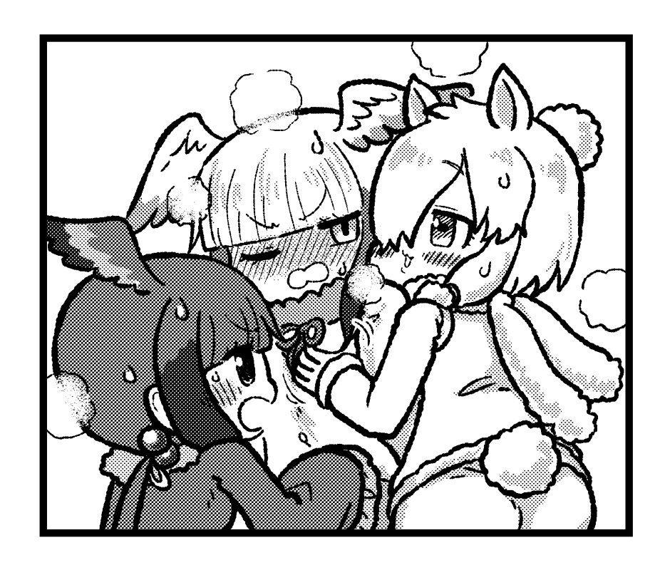 3girls :3 alpaca_ears alpaca_suri_(kemono_friends) animal_ears blush comic eyebrows_visible_through_hair greyscale hair_over_one_eye head_wings japanese_crested_ibis_(kemono_friends) kemono_friends kotobuki_(tiny_life) looking_at_another monochrome multiple_girls one_eye_closed open_mouth scarlet_ibis_(kemono_friends) short_hair smile tail