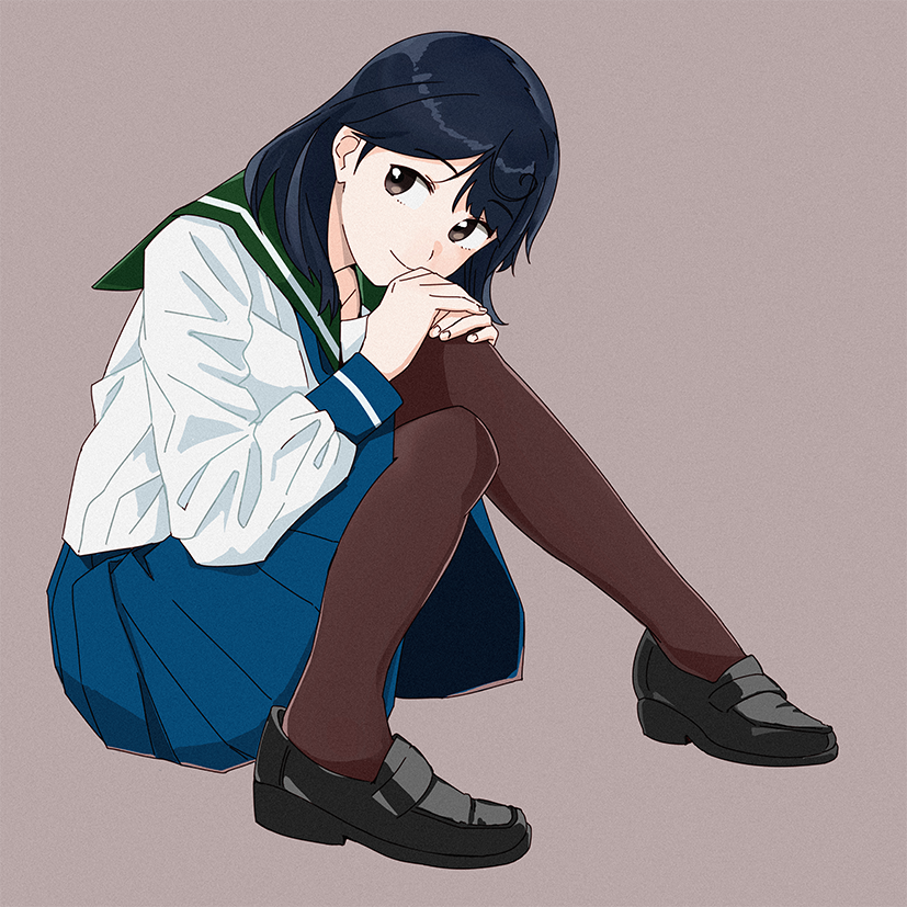 1girl adapted_costume ahoge black_footwear black_hair blue_skirt brown_background brown_legwear green_sailor_collar hands_on_knee kantai_collection loafers long_hair long_sleeves ojipon pantyhose pleated_skirt sailor_collar school_uniform serafuku shoes simple_background sitting skirt solo ushio_(kantai_collection)