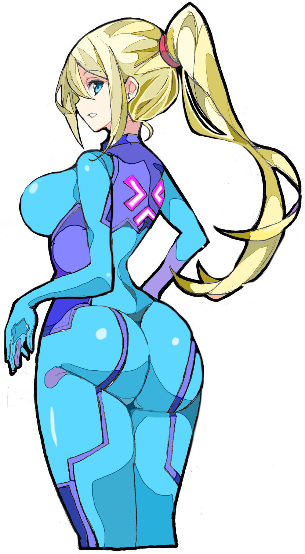 1girl ass blonde_hair blue_bodysuit blue_eyes bodysuit breasts cropped_legs enpe eyebrows_visible_through_hair highres impossible_bodysuit impossible_clothes large_breasts long_hair looking_at_viewer looking_back metroid nintendo open_mouth ponytail samus_aran simple_background skin_tight smile white_background zero_suit
