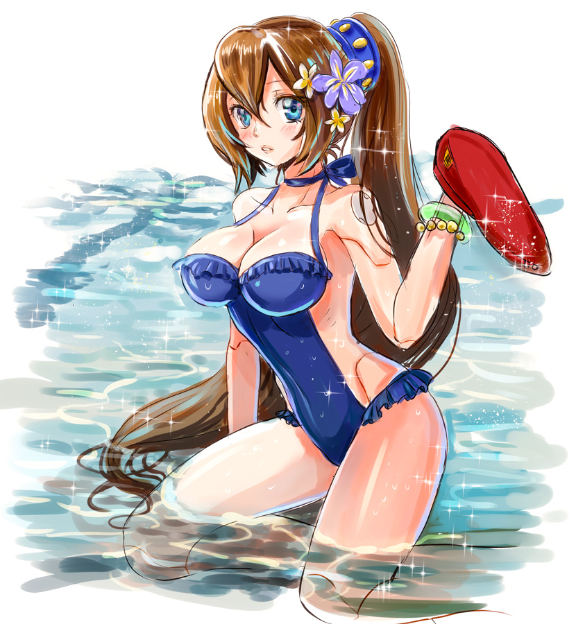 1girl alternate_eye_color alternate_hairstyle android beret blue_eyes blue_swimsuit blush bracelet breasts brown_hair casual_one-piece_swimsuit cleaning cleavage commentary_request flower frilled_swimsuit frills hair_between_eyes hair_flower hair_ornament hat hat_removed headwear_removed high_ponytail iris_(rockman_x) jewelry kiwakiwa large_breasts long_hair one-piece_swimsuit parted_lips ponytail robot_joints rockman rockman_x solo sparkle swimsuit very_long_hair water