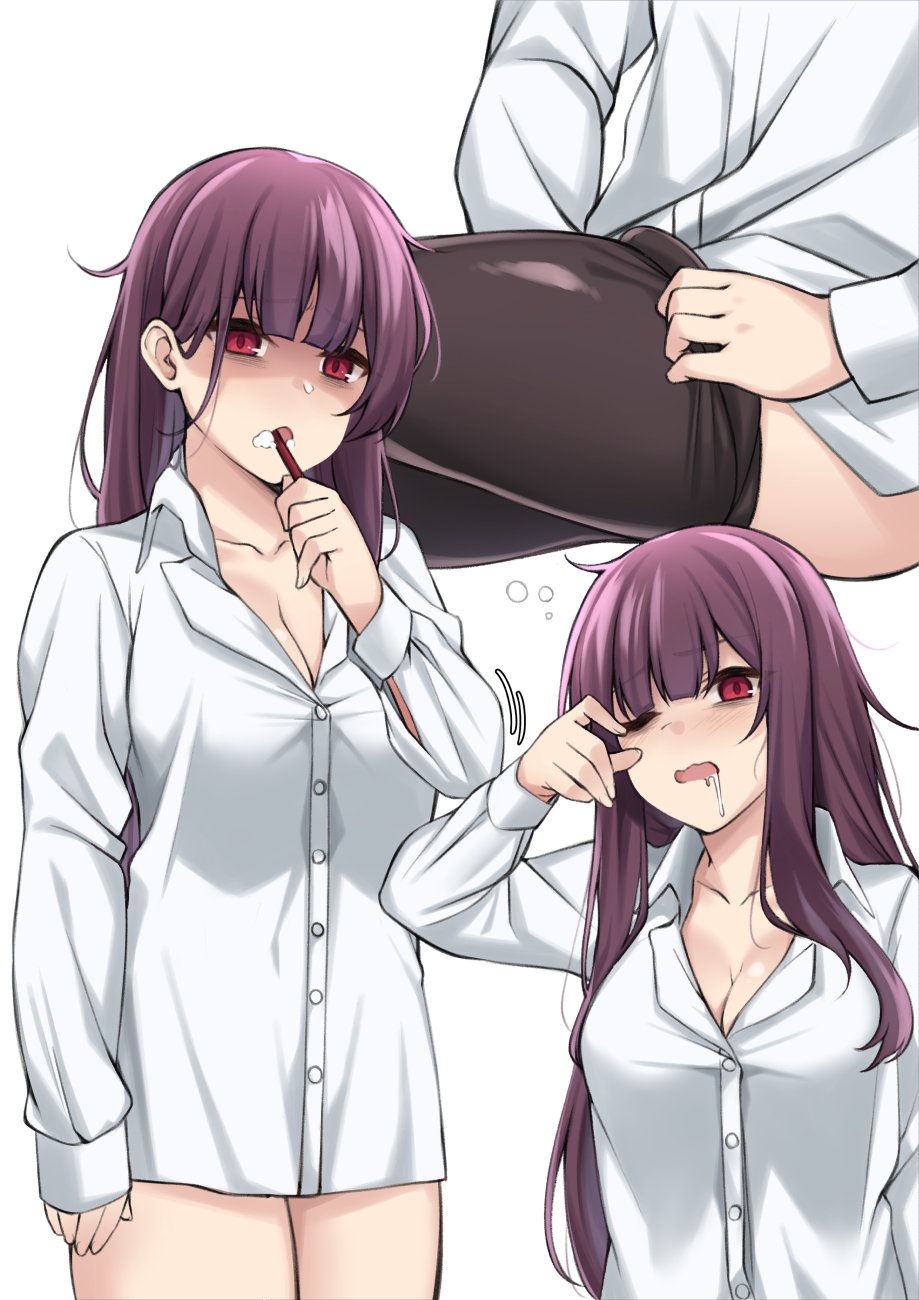 1girl bags_under_eyes bangs black_legwear blush breasts brushing_teeth buttons cleavage collarbone collared_shirt dressing drooling eyebrows_visible_through_hair girls_frontline highres large_breasts long_hair long_sleeves looking_at_viewer messy_hair multiple_views naked_shirt no_bra one_eye_closed open_mouth pantyhose pantyhose_tug purple_hair red_eyes rubbing_eyes shirt sidelocks simple_background sitting sleeves_past_wrists solo spicy_moo taut_clothes taut_shirt thighs toothpaste very_long_hair wa2000_(girls_frontline) waking_up white_shirt
