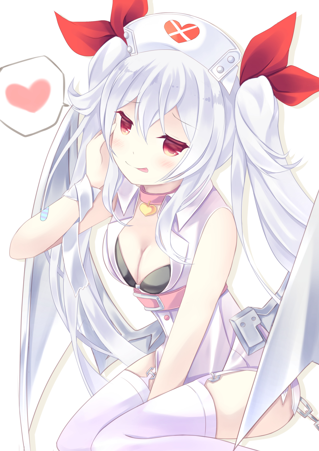 1girl azur_lane bandaid_on_arm bangs bare_arms bare_shoulders black_bikini_top blush breasts chains cleavage closed_mouth commentary_request dress eyebrows_visible_through_hair garter_straps gyorui_(yakiudonnn) hair_between_eyes hair_ribbon hand_up hat head_tilt heart highres medium_breasts metal_wings nurse_cap red_eyes red_ribbon ribbon sidelocks silver_hair simple_background sleeveless sleeveless_dress smile solo spoken_heart thigh-highs tongue twintails vampire_(azur_lane) white_background white_dress white_hat white_legwear white_wings wings