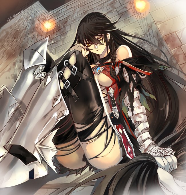 1girl aonagi_(a-lot-of) bandage bandaged_arm bandages belt black_choker black_hair black_shorts breasts choker claws long_hair looking_at_viewer medium_breasts official_art shorts tales_of_(series) tales_of_berseria thigh-highs torn_clothes torn_thighhighs under_boob velvet_crowe very_long_hair yellow_eyes