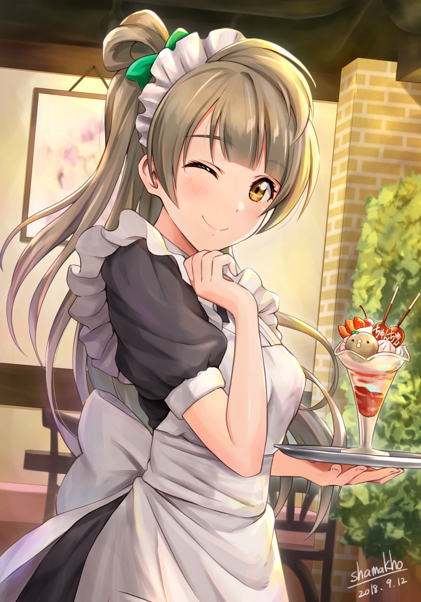 1girl ;) apron artist_name bangs bow brick_wall brown_eyes dated food fruit green_bow grey_hair hair_bow hand_up highres holding holding_tray indoors long_hair looking_at_viewer love_live! love_live!_school_idol_project maid maid_headdress minami_kotori minami_kotori_(bird) one_eye_closed one_side_up parfait picture_frame plant pocky potted_plant shamakho smile solo strawberry tray white_apron