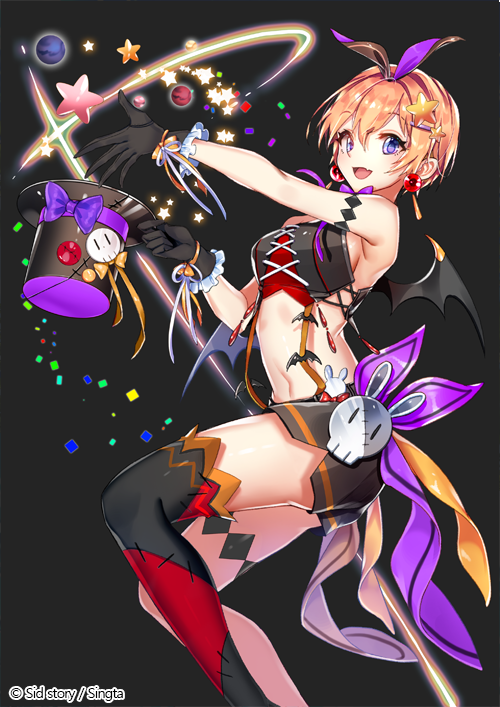 1girl :d bare_arms bare_shoulders bat_wings black_background black_shorts blonde_hair bow bowtie breasts crude_stitches fang gloves hair_ornament hairband hairclip halley hat interitio looking_at_viewer medium_breasts midriff navel open_mouth original outstretched_arm planet short_hair shorts sid_story sideboob simple_background sleeveless smile solo star stitches thigh-highs top_hat violet_eyes white_gloves wings