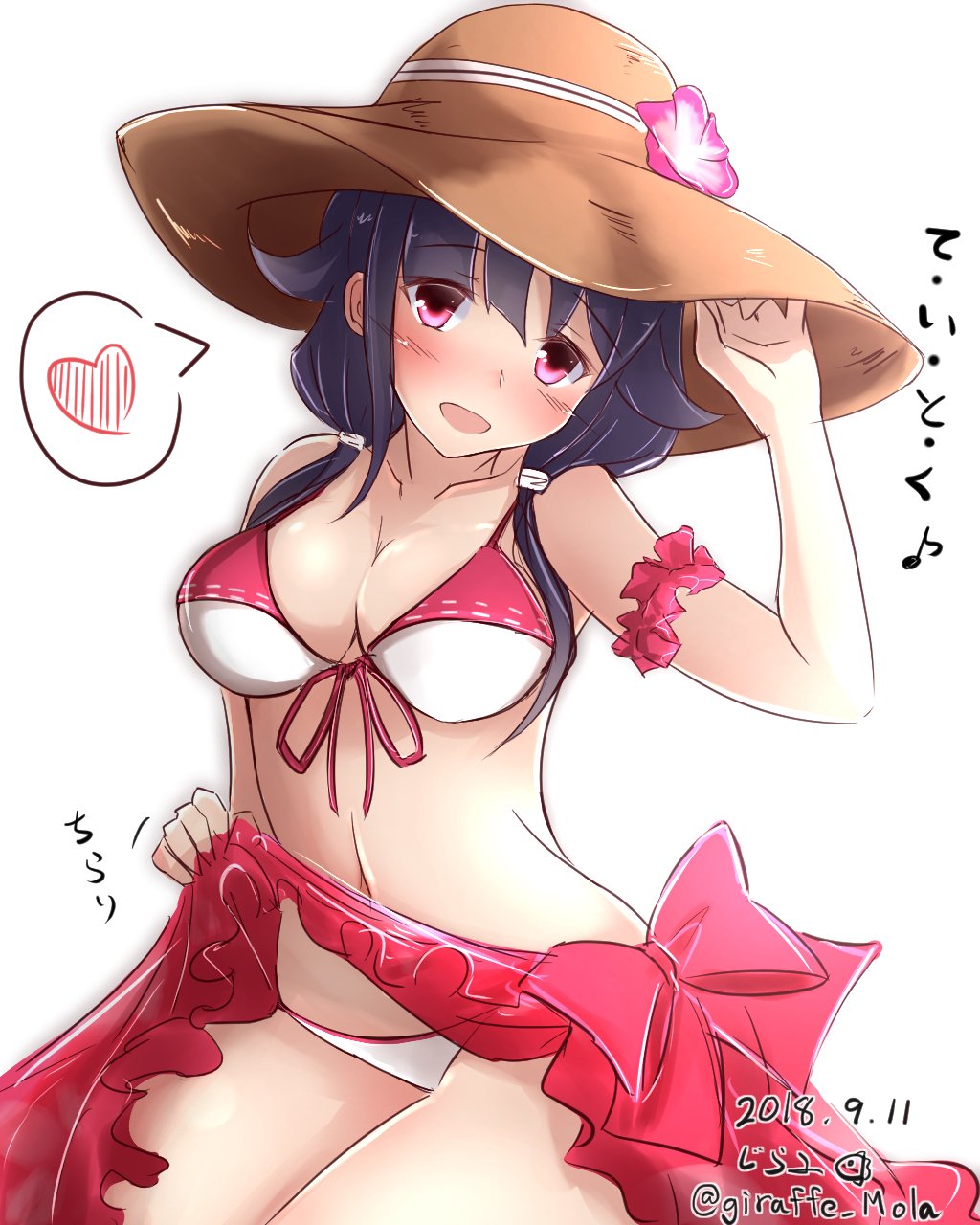 1girl alternate_costume bikini blush breasts flower giraffe_(ilconte) hair_ornament hat hat_flower heart highres kantai_collection large_breasts long_hair looking_at_viewer open_mouth purple_hair red_eyes simple_background solo straw_hat swimsuit taigei_(kantai_collection) twintails twitter_username white_background