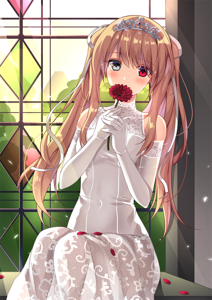 1girl bangs bare_shoulders blush breasts brown_hair collarbone commentary_request covered_navel day dress elbow_gloves eyebrows_visible_through_hair flower gem glint gloves grey_eyes hair_ribbon hayakawa_(hayakawa_illust) heterochromia holding holding_flower indoors light_rays long_hair original petals red_eyes red_flower ribbon sitting sleeveless sleeveless_dress small_breasts solo stained_glass tiara twintails white_dress white_gloves white_ribbon window