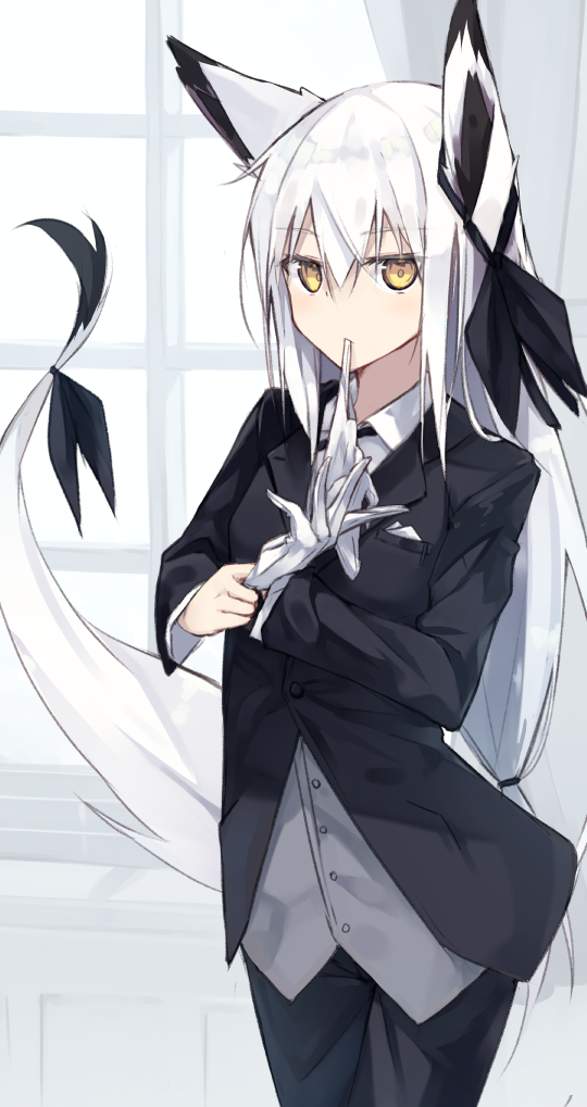 1girl animal_ears bangs blush commentary_request curtains dressing eyebrows_visible_through_hair formal fox_ears fox_girl fox_tail gloves hair_between_eyes hair_tie looking_at_viewer low_ponytail mouth_hold nagishiro_mito original pants sidelocks solo standing suit tail white_gloves white_hair window yellow_eyes