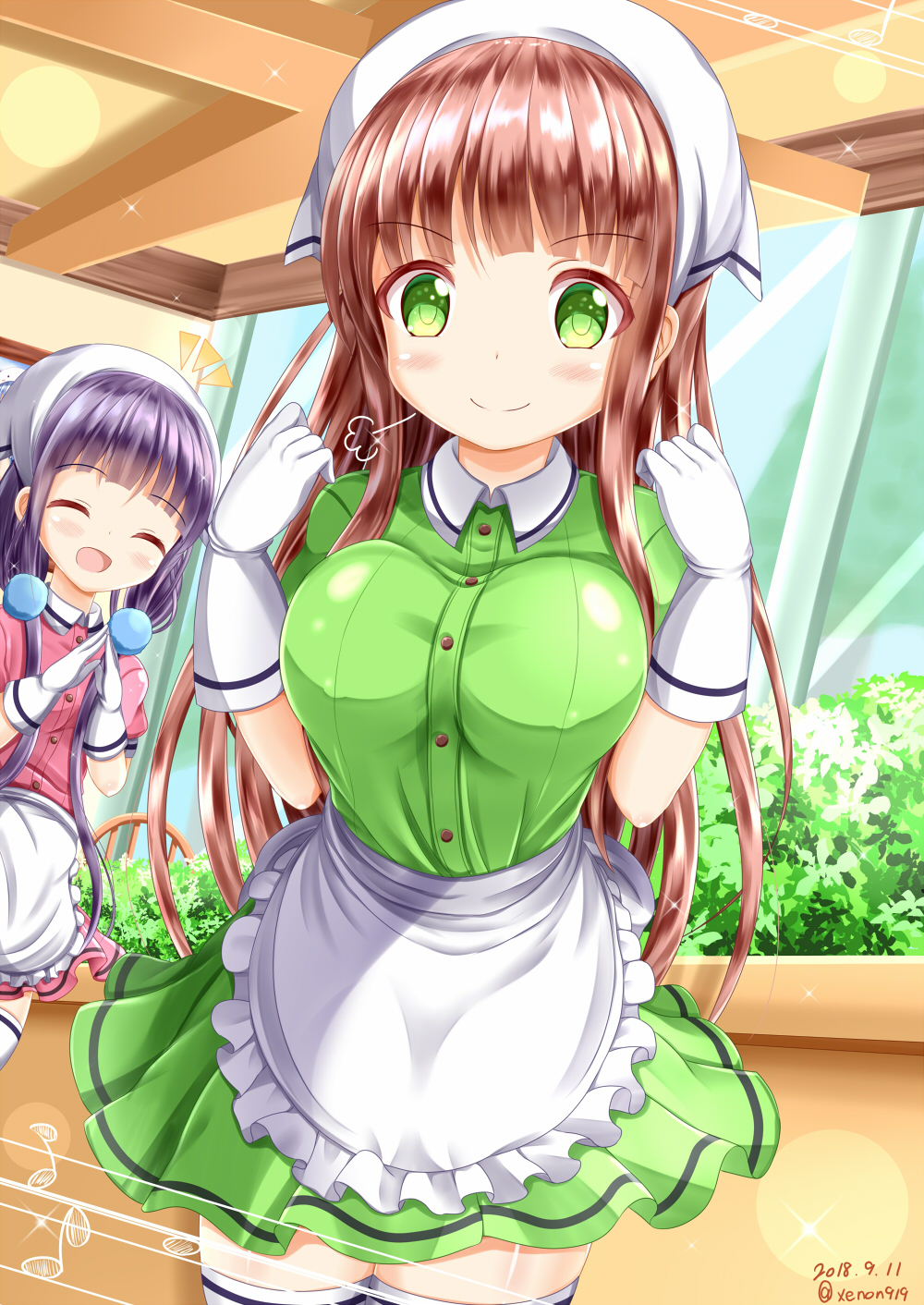 2girls :d ^_^ apron blend_s blush breasts brown_hair closed_eyes closed_eyes closed_mouth collared_shirt commentary_request company_connection cosplay crossover dated dress_shirt frilled_apron frills gloves gochuumon_wa_usagi_desu_ka? green_eyes green_shirt green_skirt hands_up head_scarf highres indoors large_breasts long_hair multiple_girls open_mouth picture_frame pink_shirt pink_skirt pleated_skirt puffy_short_sleeves puffy_sleeves purple_hair sakuranomiya_maika shirt short_sleeves skirt smile sparkle steepled_fingers stile_uniform twitter_username ujimatsu_chiya uniform very_long_hair waist_apron waitress white_apron white_gloves window zenon_(for_achieve)